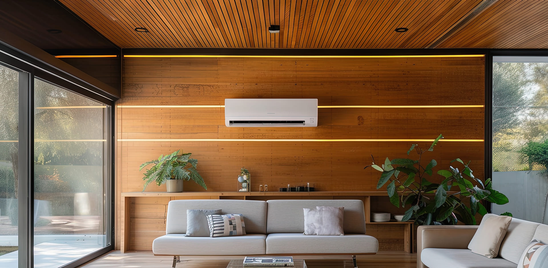 Climatiseur fixé sur un mur en bois dans un salon moderne